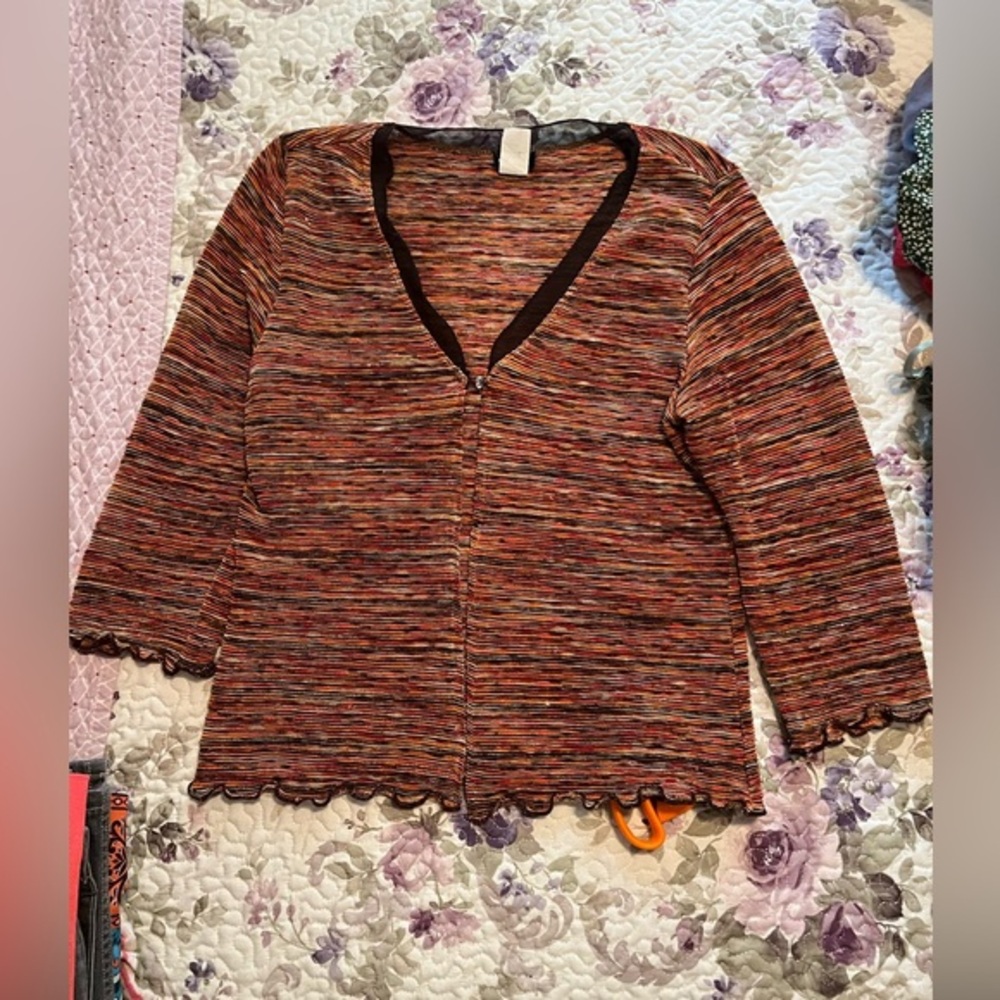 MSK Striped Lightweight Lettuce Edge Rhinestone Button Cardigan